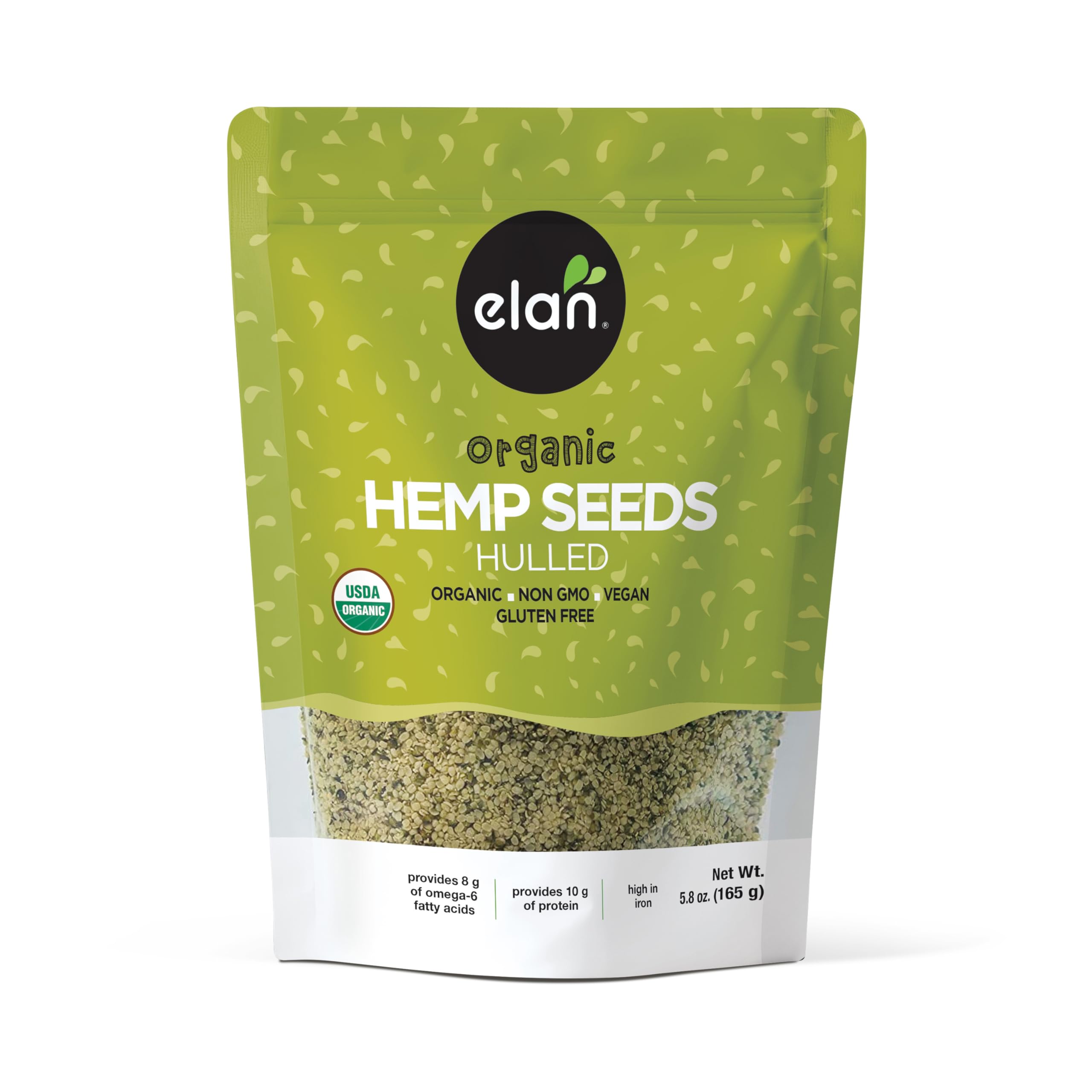 Elan Organic Hulled Hemp Seeds pack shot - organic and non-GMO quality.
