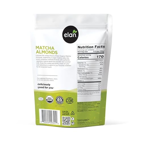 Elan Organic Matcha Almonds in a snack bowl, ideal for on-the-go flavor and energy