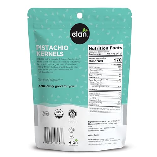 Elan Organic Raw Pistachios shell-free kernels ready for toppings and recipes