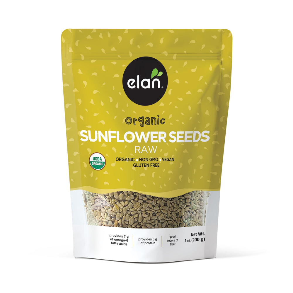 Elan Organic Raw Sunflower Seeds unsalted 7oz in packaging for healthy snacking.