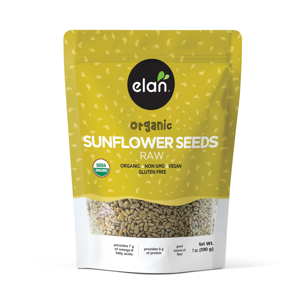 Elan Organic Raw Sunflower Seeds unsalted 7oz in packaging for healthy snacking.