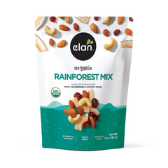 Elan Rainforest Mix coconut chips close-up, fiber-rich on-the-go snack.