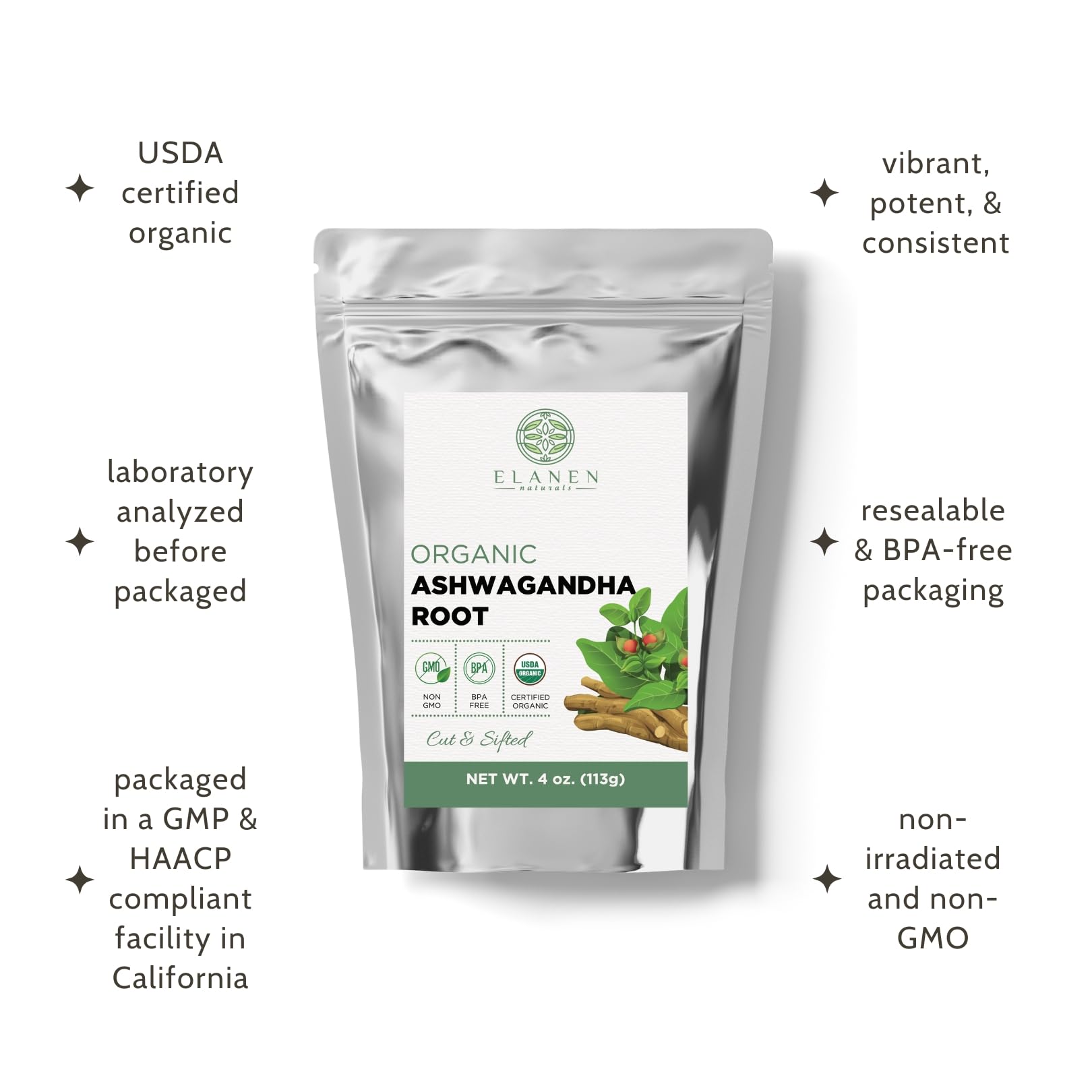 Elanen Naturals ashwagandha root infusion ready for brewing
