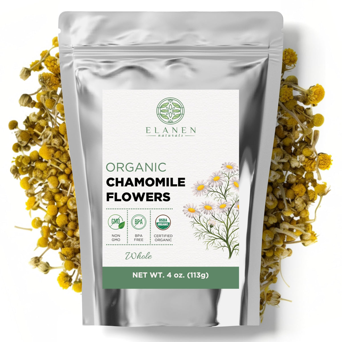 Elanen Naturals chamomile flowers dried buds for soothing evening tea
