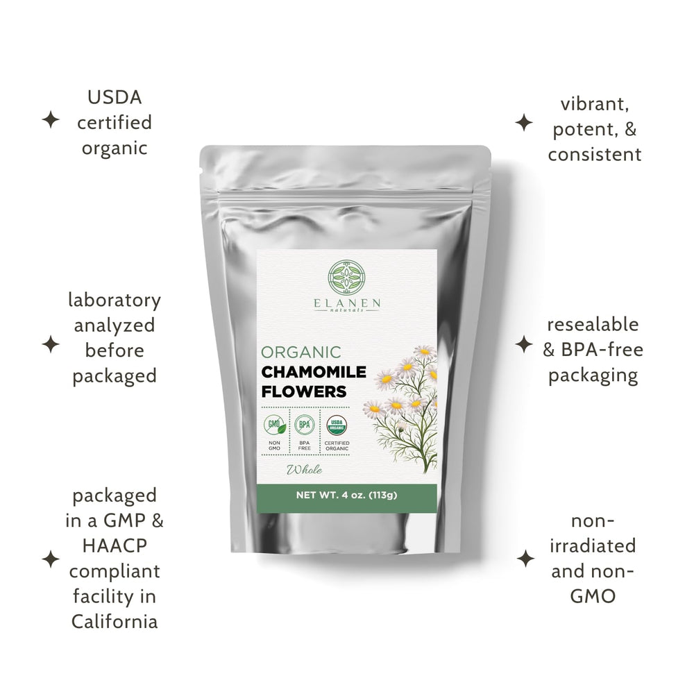 Elanen Naturals chamomile tea with hot steep releasing aroma