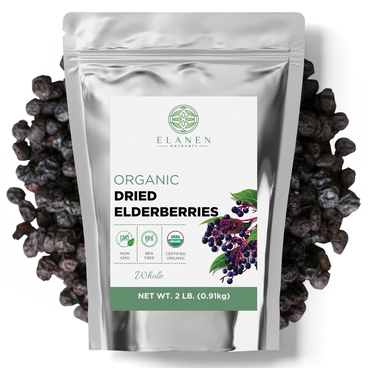 Elanen Naturals elderberries 2lb package front—premium dried berries for syrups and teas.