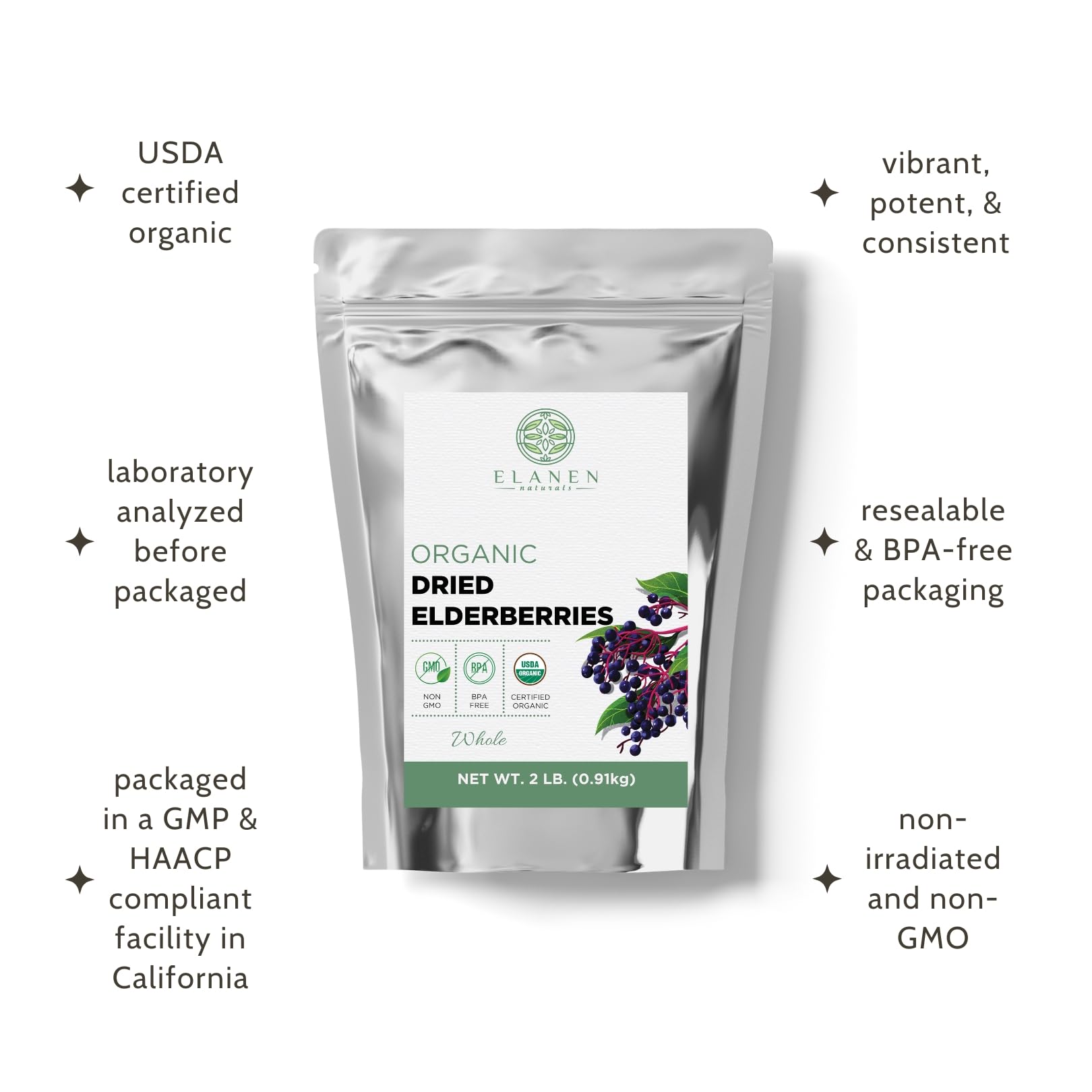 Elanen Naturals elderberries lab analysis report—quality checked for moisture and contaminants.