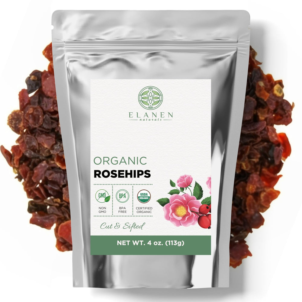 Elanen Naturals organic rosehips tea bag ready to brew with bright aroma.