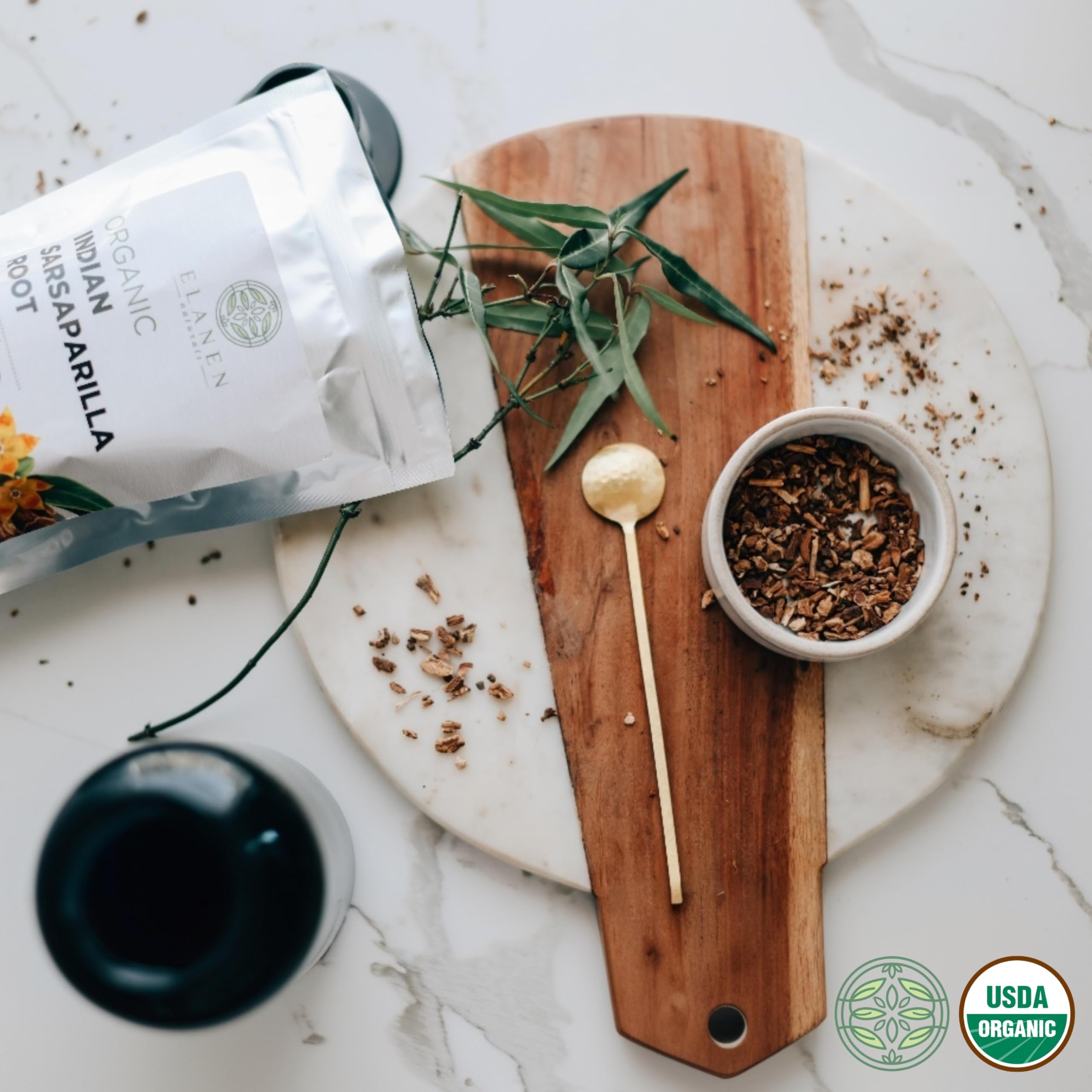 Aromatic Elanen Naturals sarsaparilla root in a cozy kitchen.