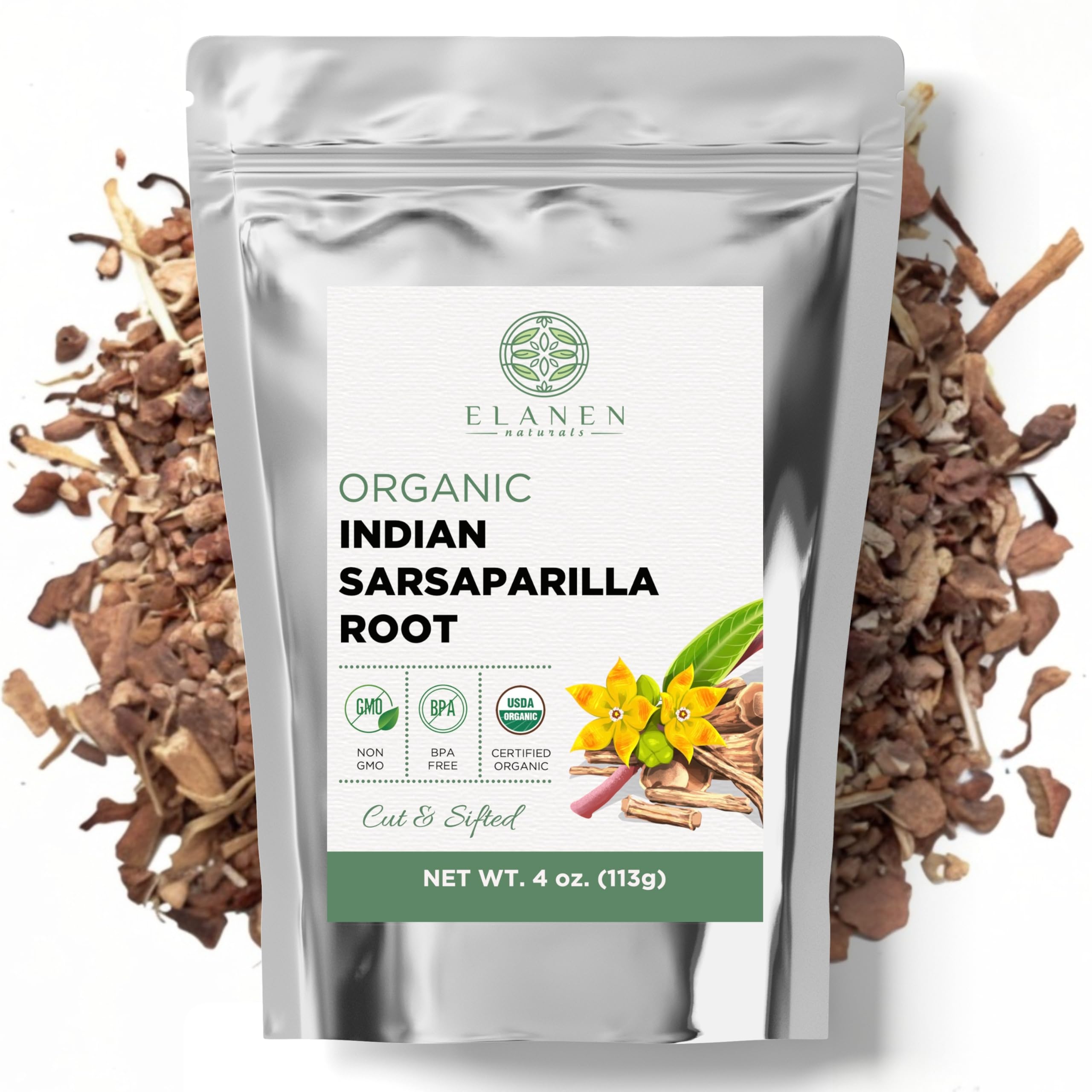 Elanen Naturals sarsaparilla root cut and sifted, ideal for tea infusions.
