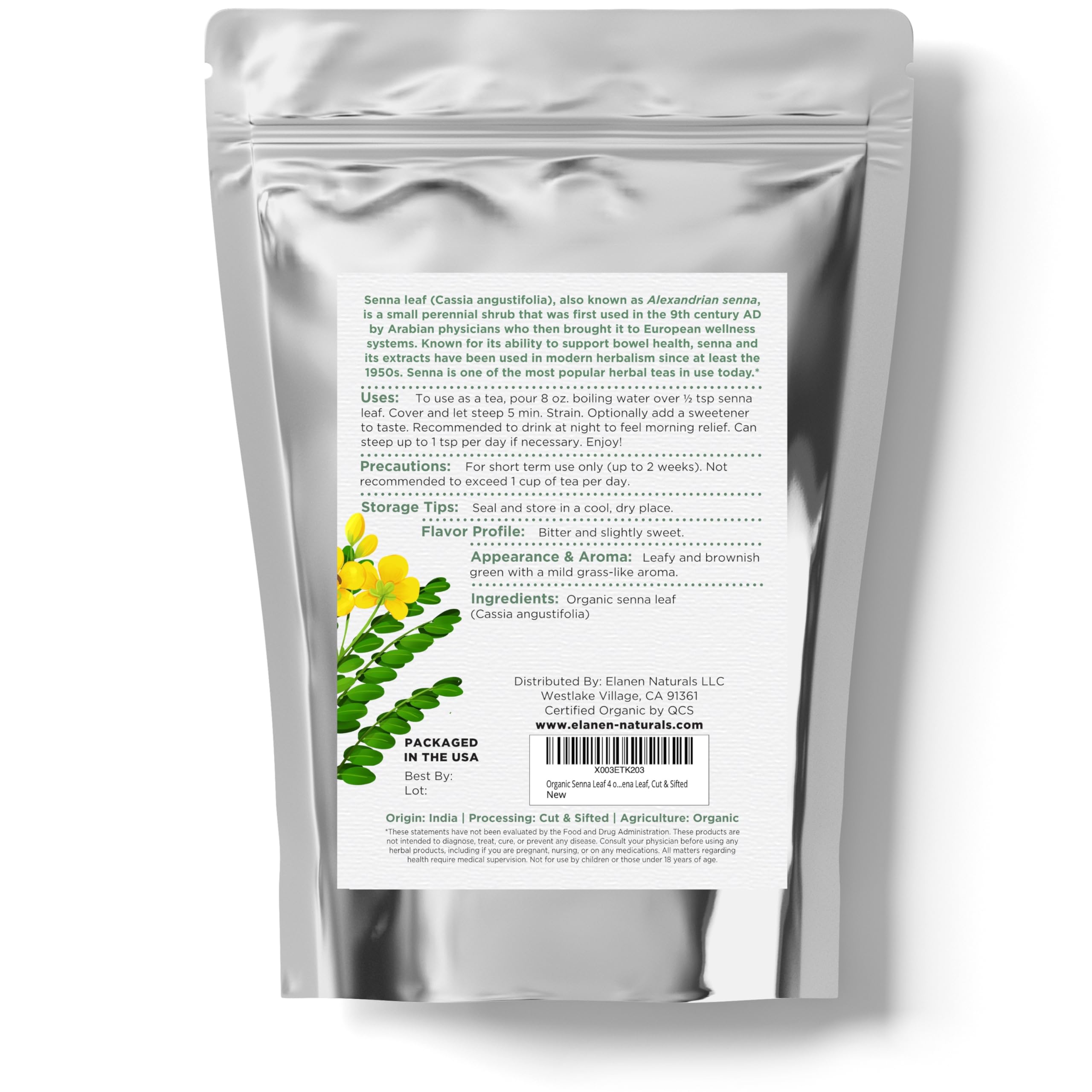 Elanen Naturals Senna Leaf Tea packaging emphasizes BPA-free storage