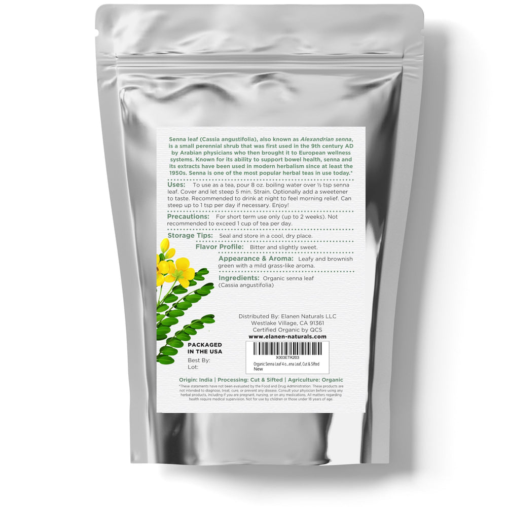 Elanen Naturals Senna Leaf Tea packaging emphasizes BPA-free storage