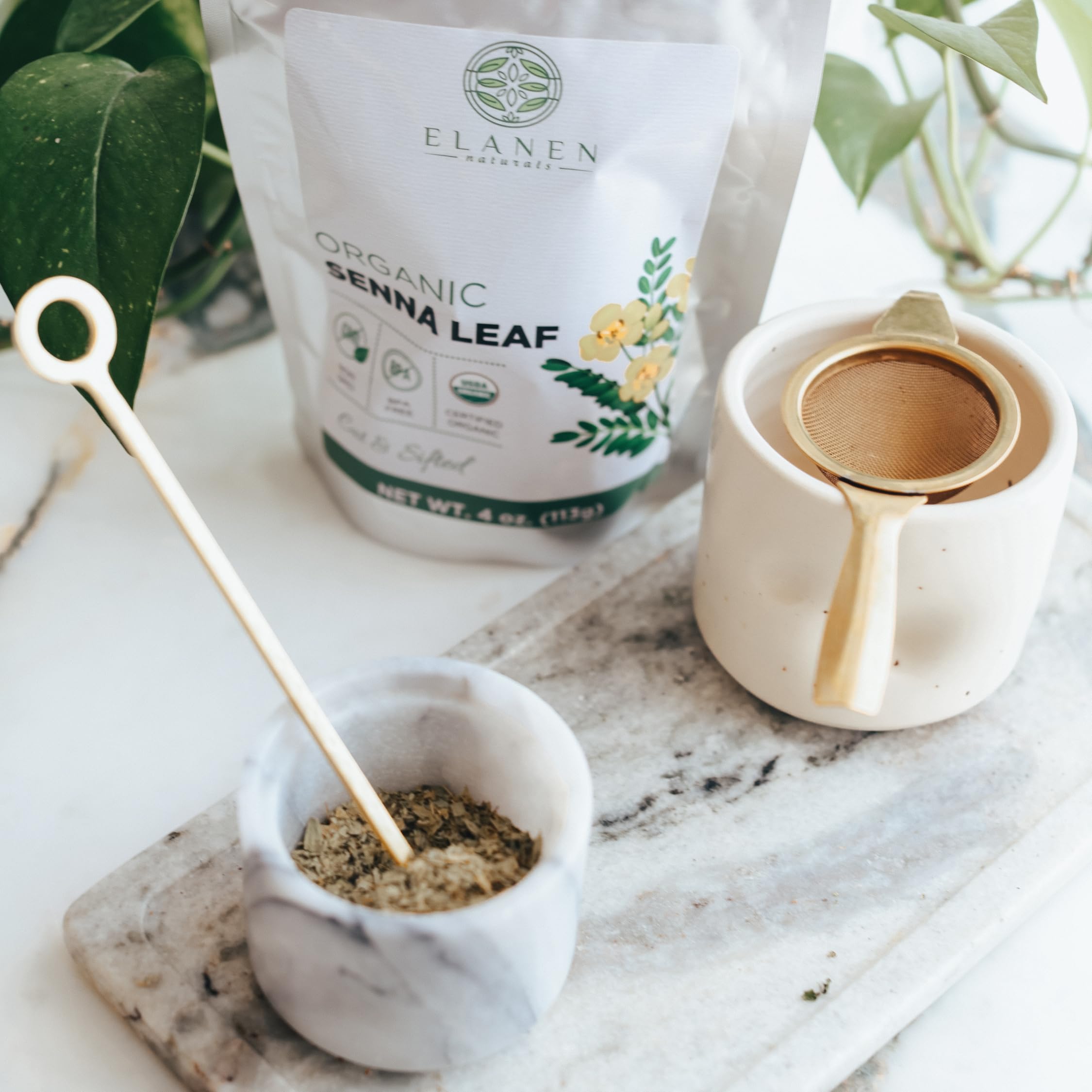 Elanen Naturals Senna Leaf Tea brewed in a mug ready for relaxation