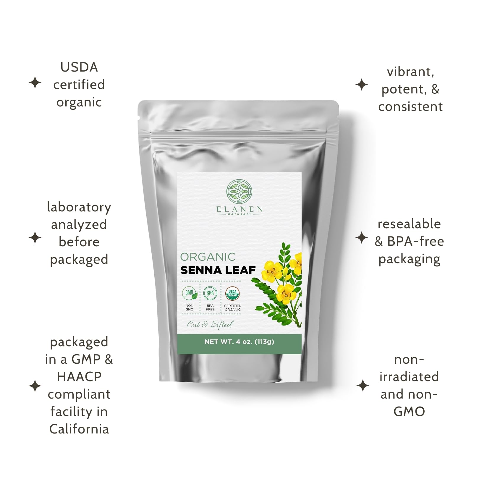 Elanen Naturals Senna Leaf Tea dry leaves reveal light green hue and texture