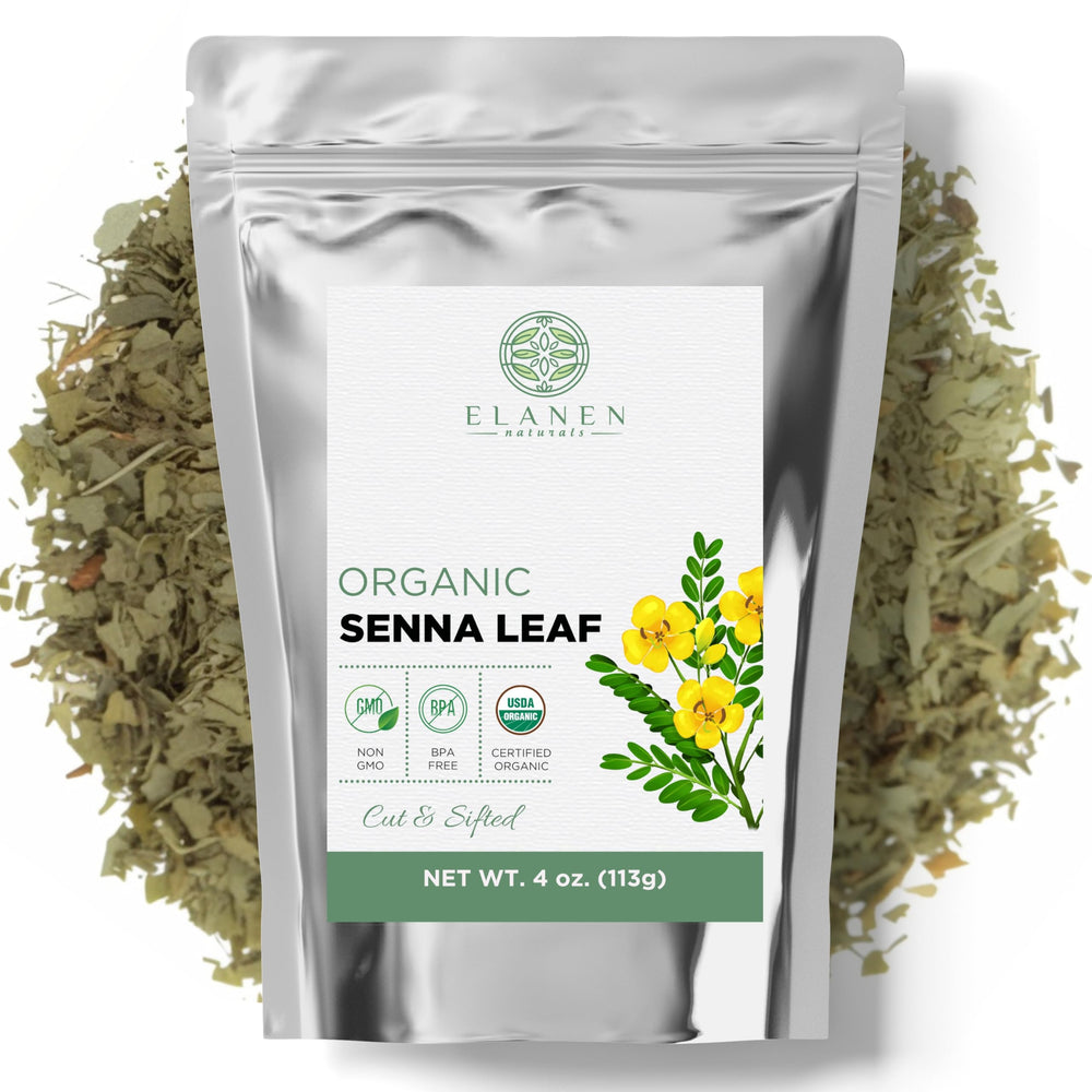 Elanen Naturals Senna Leaf Tea packaging in a BPA-free resealable pouch for freshness