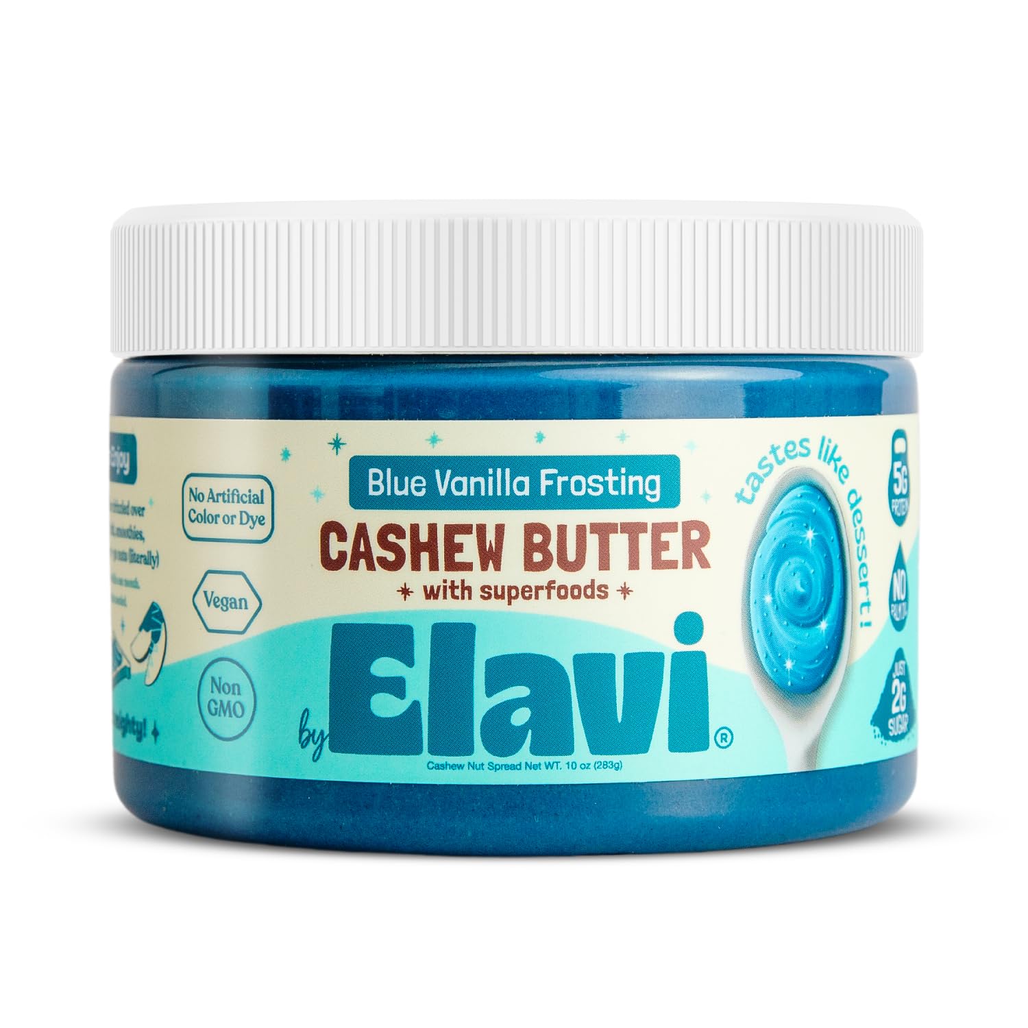 ELAVI Keto Cashew Butter Blue Vanilla jar ready to spread on toast