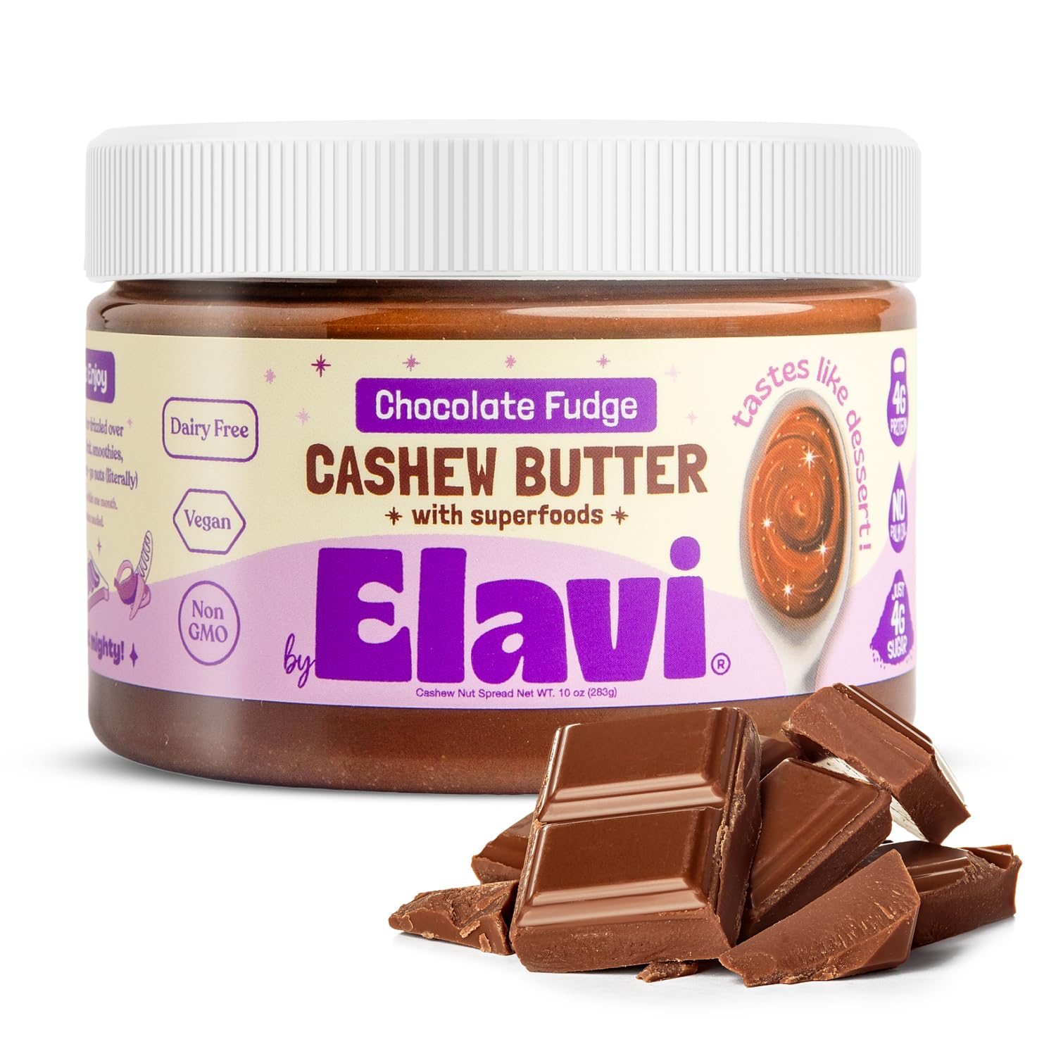 ELAVI Keto Cashew Butter chocolate jar showcases rich texture for a no-added-sugar treat.