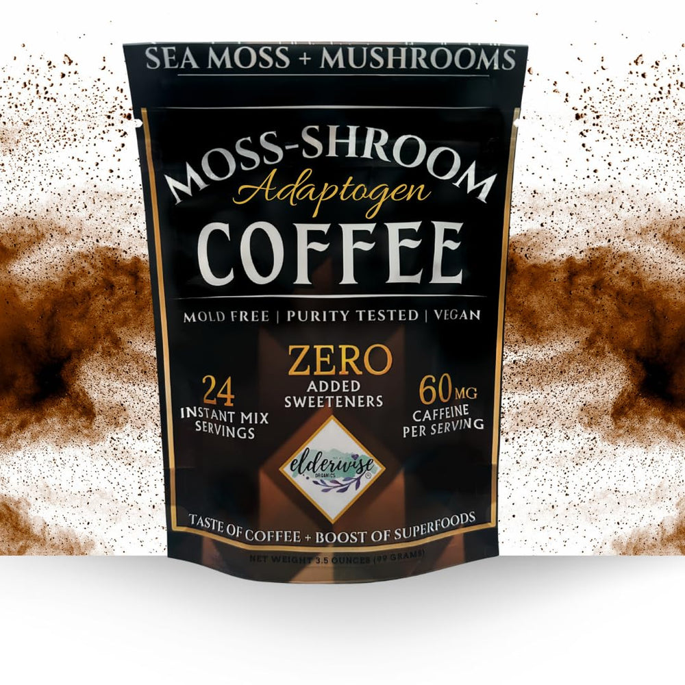 Elderwise Coffee with Mushrooms and Sea Moss bag opened, premium blend displayed