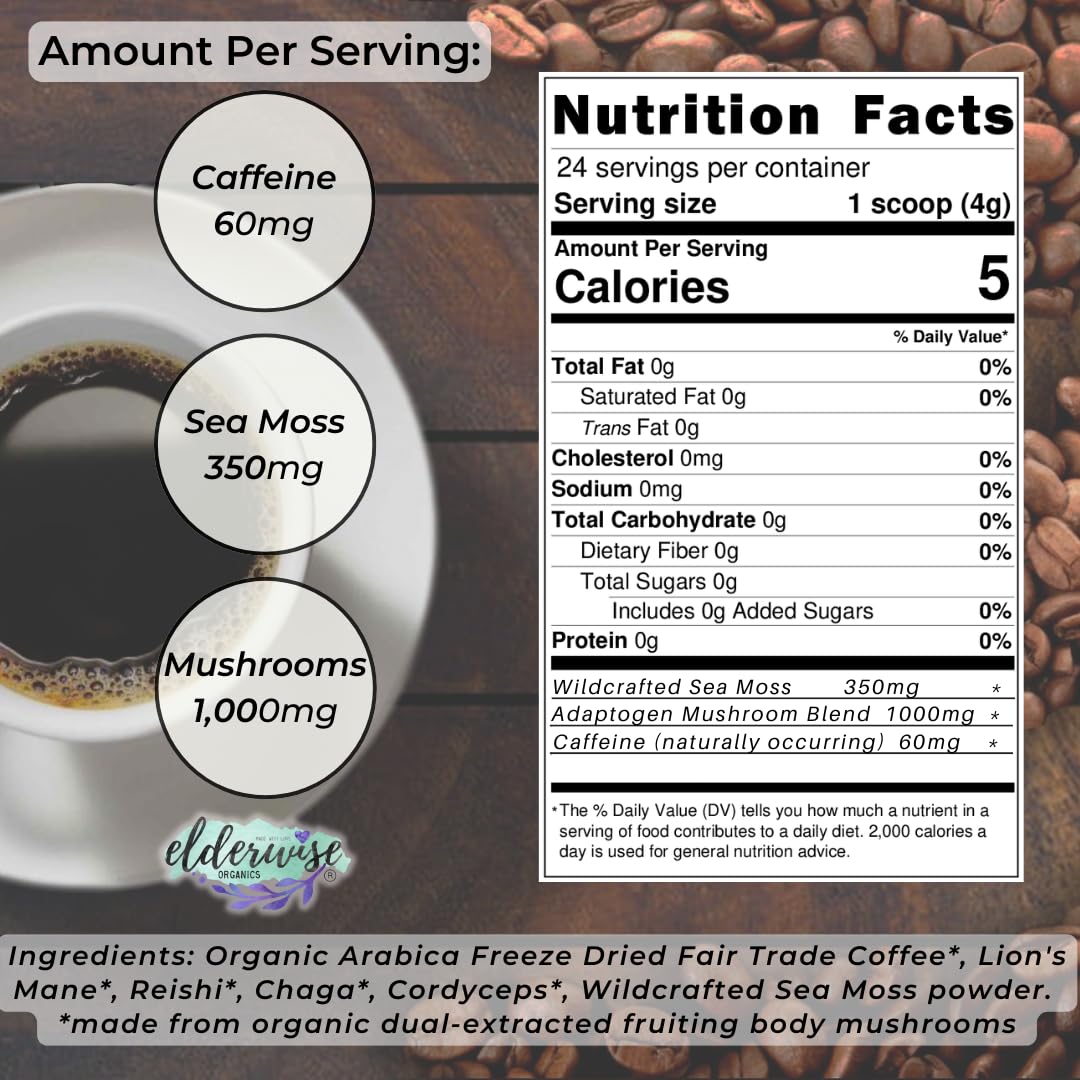 Elderwise Coffee with Mushrooms and Sea Moss cup ready for hot or cold serving