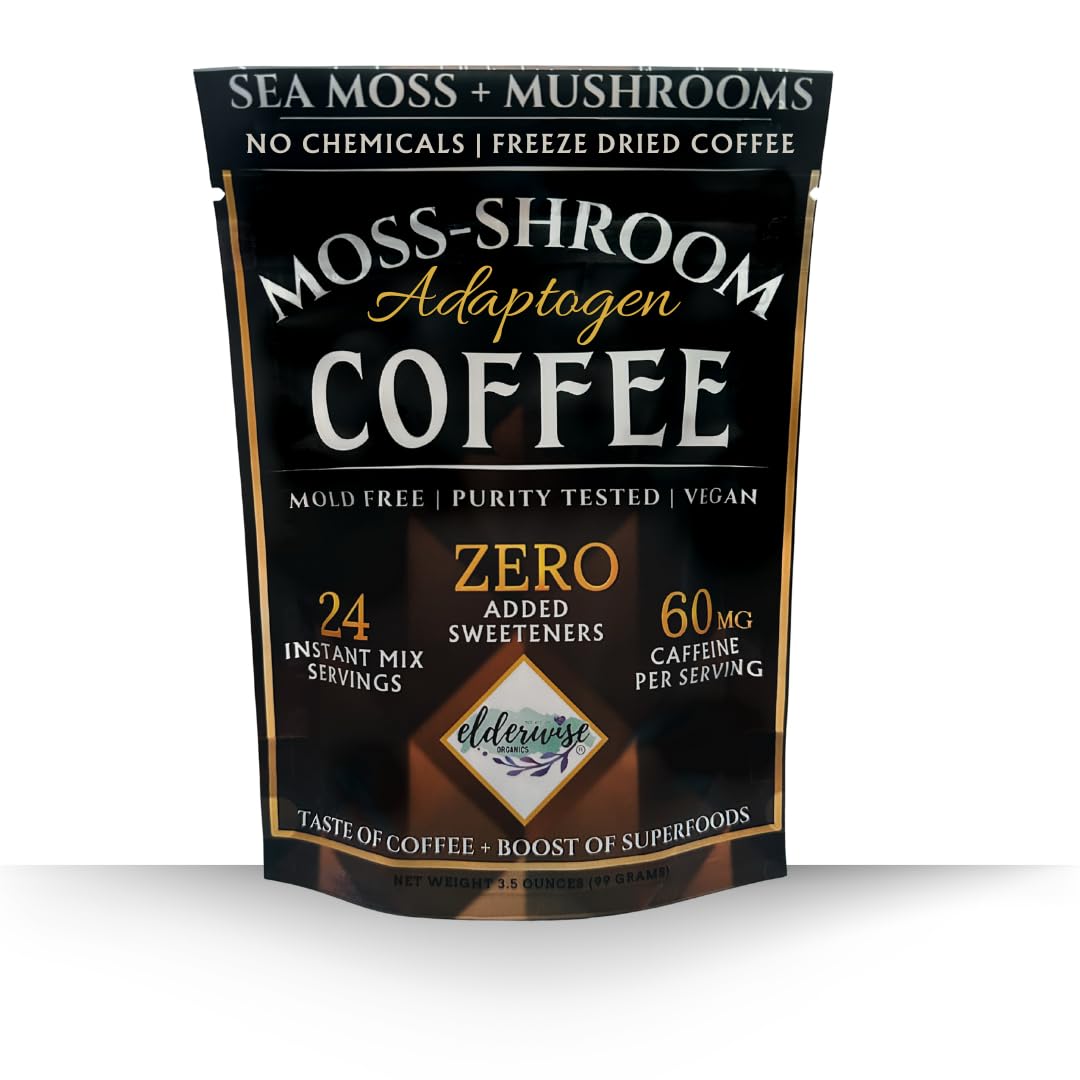 Elderwise Coffee with Mushrooms and Sea Moss Fair Trade label shown
