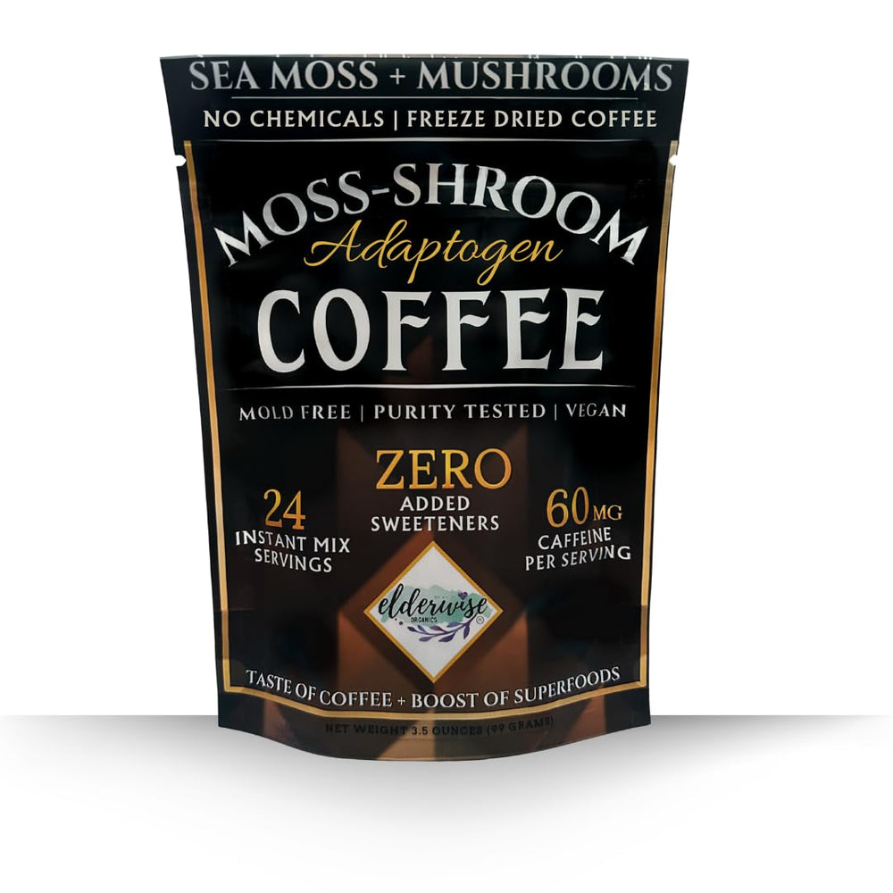 Elderwise Coffee with Mushrooms and Sea Moss Fair Trade label shown