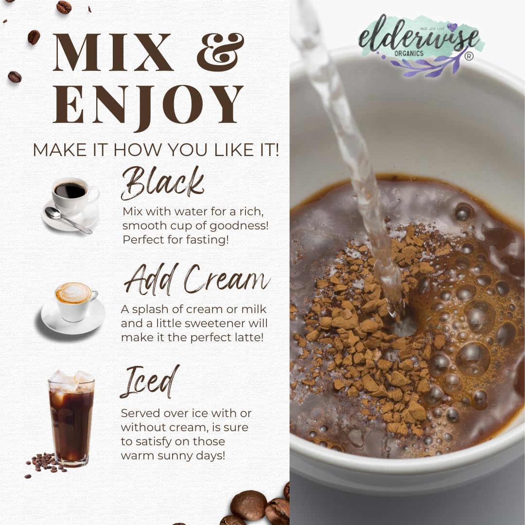 Elderwise Coffee with Mushrooms and Sea Moss ingredients jar featuring Lion's Mane, Chaga, Reishi, Cordyceps