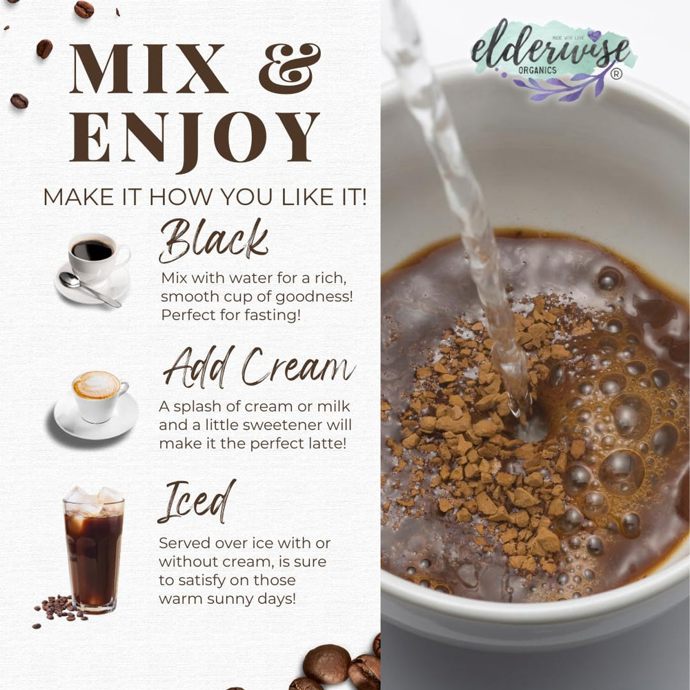 Elderwise Coffee with Mushrooms and Sea Moss ingredients jar featuring Lion's Mane, Chaga, Reishi, Cordyceps
