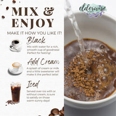 Elderwise Coffee with Mushrooms and Sea Moss ingredients jar featuring Lion's Mane, Chaga, Reishi, Cordyceps