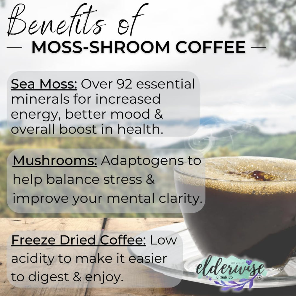 Elderwise Coffee with Mushrooms and Sea Moss packaging highlights convenience and freeze-dried format