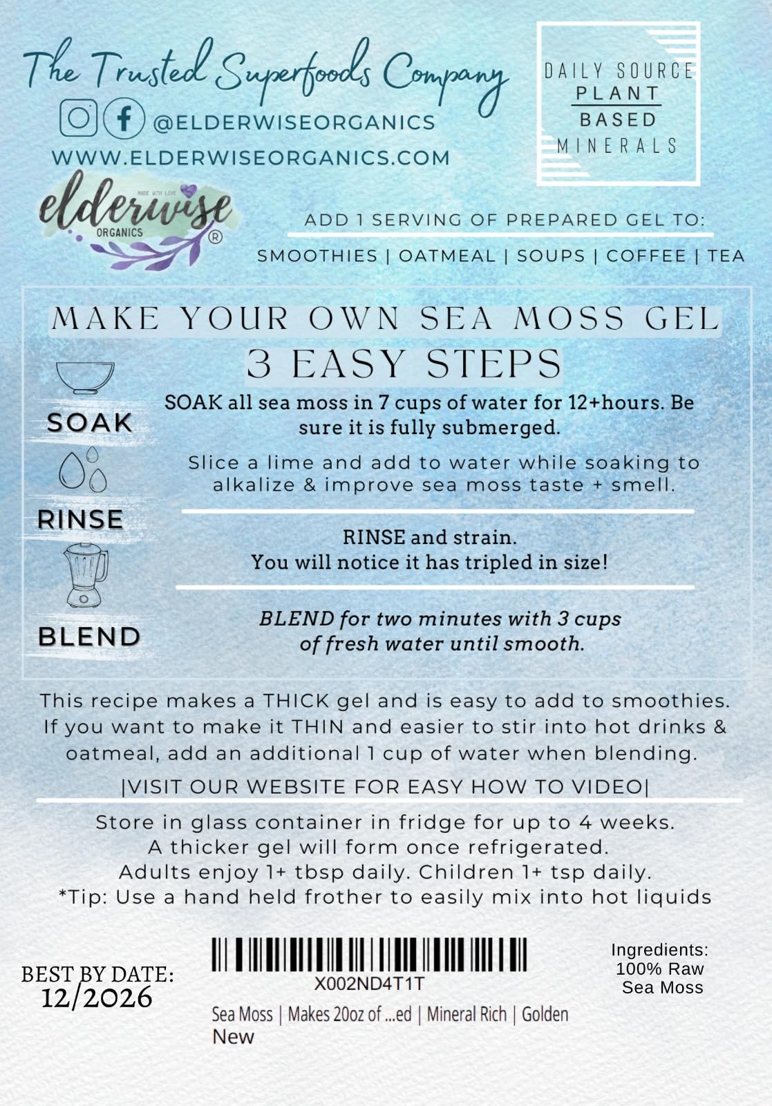 Elderwise Packaged sea moss golden label highlights minerals and origin.