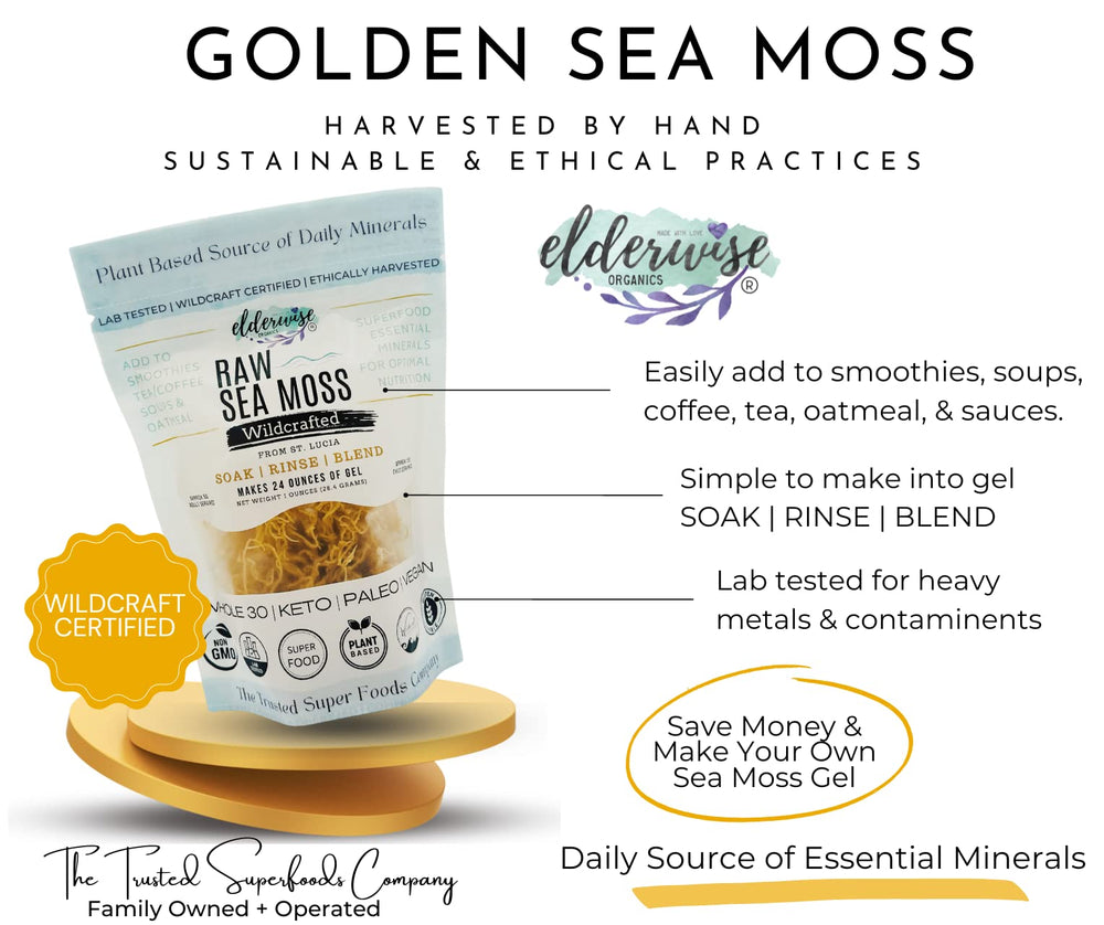 Elderwise Wildcrafted Golden Sea Moss on sun-dried rack for mineral-rich use.