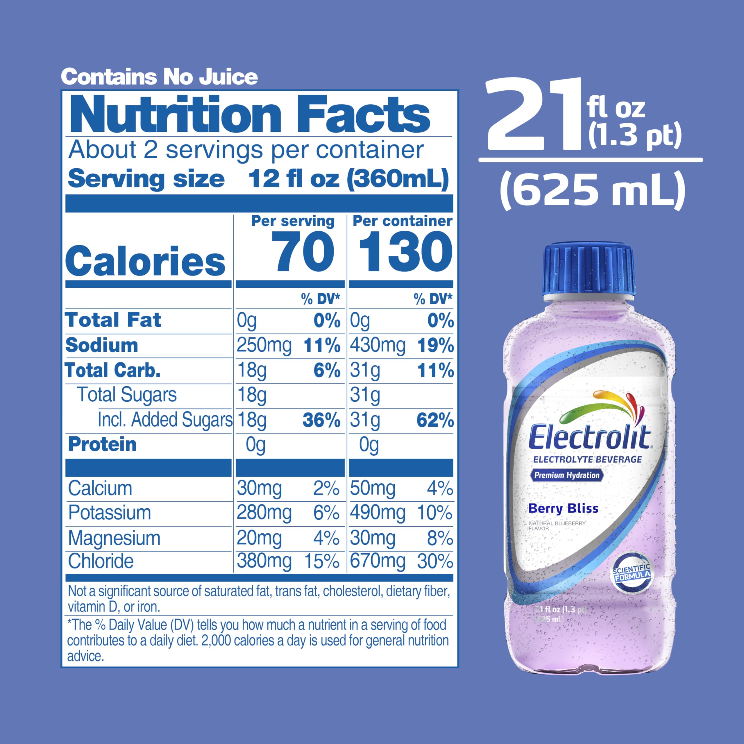 Electrolit Berry Bliss bottle back label shows electrolyte balance.