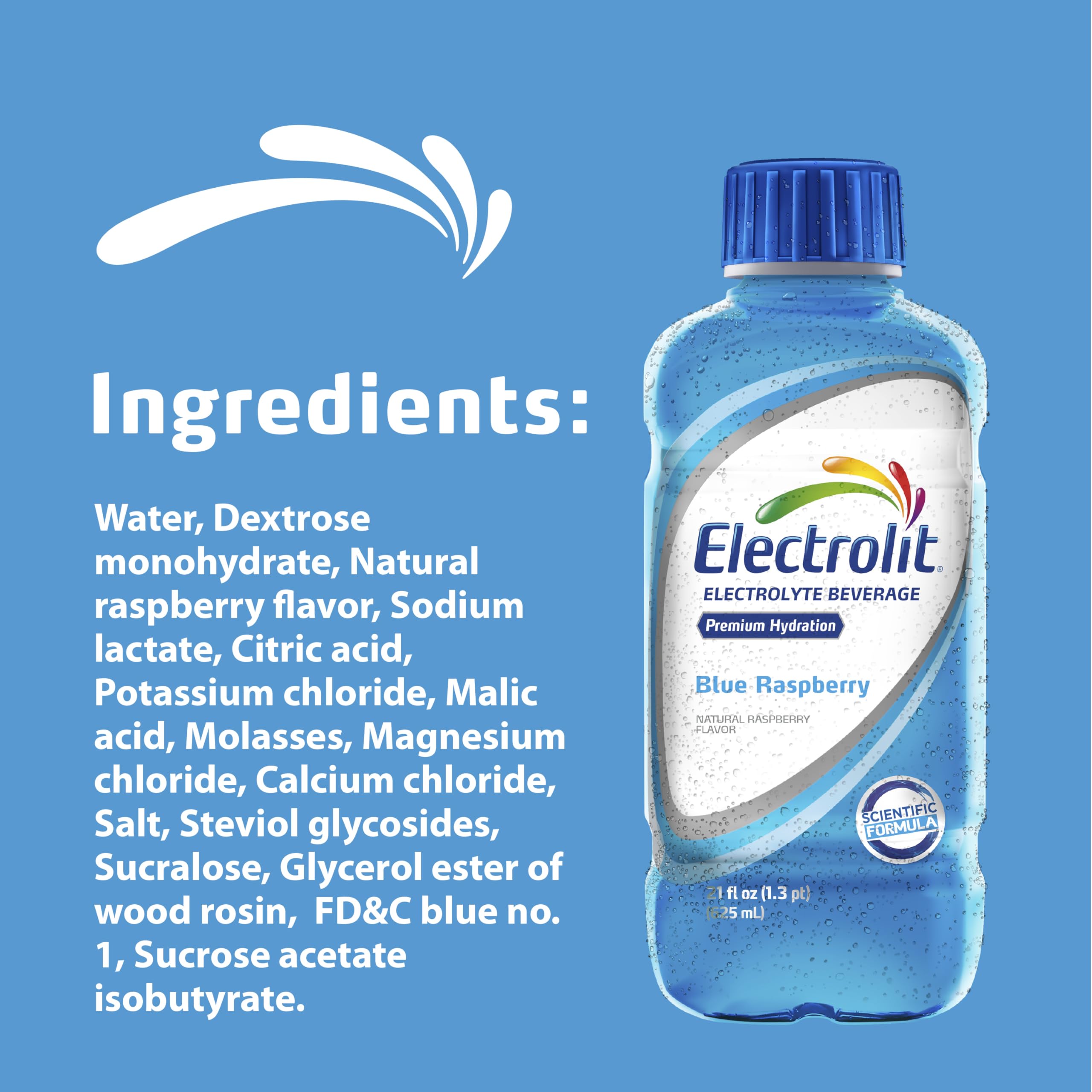 Electrolit Blue Raspberry ingredient icons illustrate electrolyte balance.
