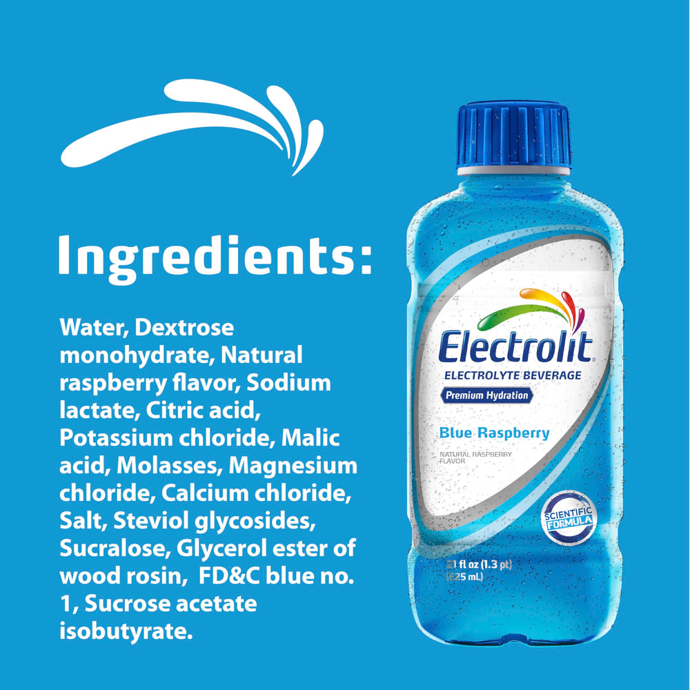 Electrolit Blue Raspberry ingredient icons illustrate electrolyte balance.