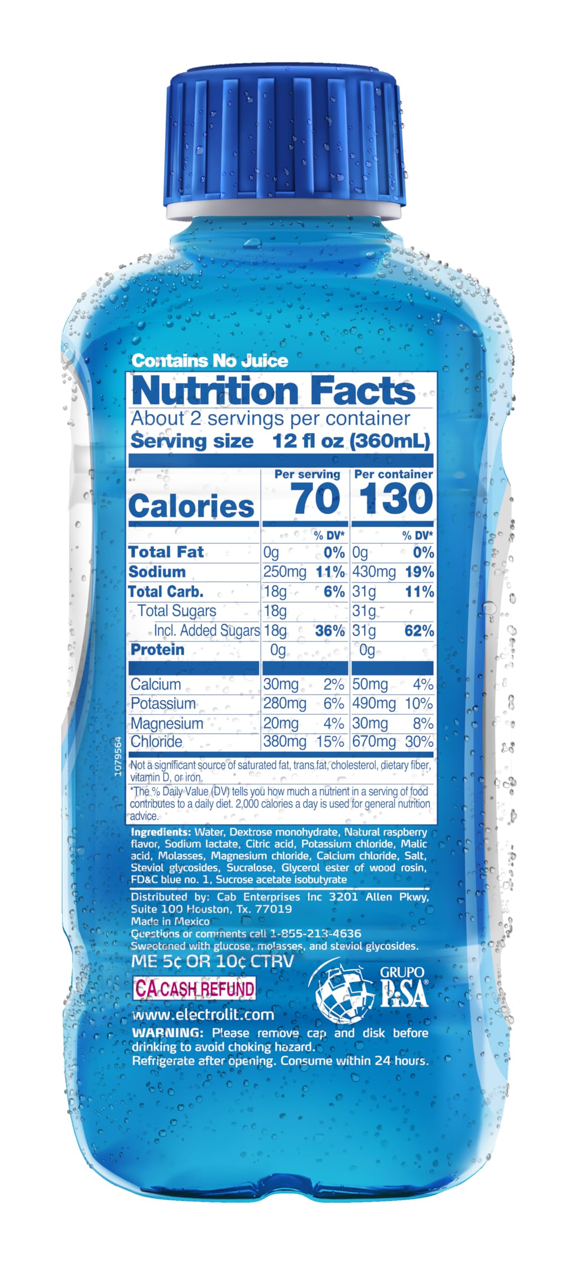 Electrolit Blue Raspberry label closeup highlights branding and ingredients.