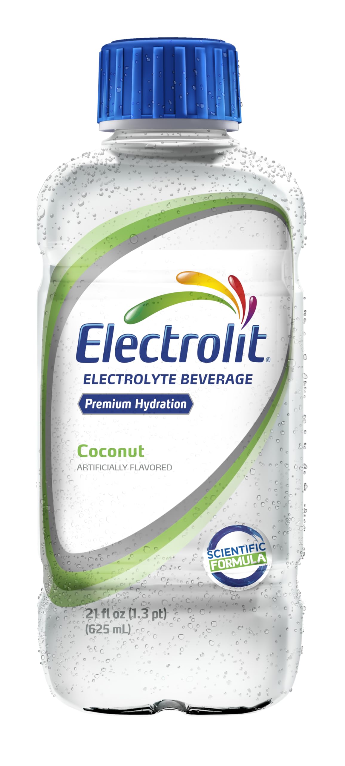 Electrolit Coconut label close-up showing the electrolyte blend and coconut flavor.