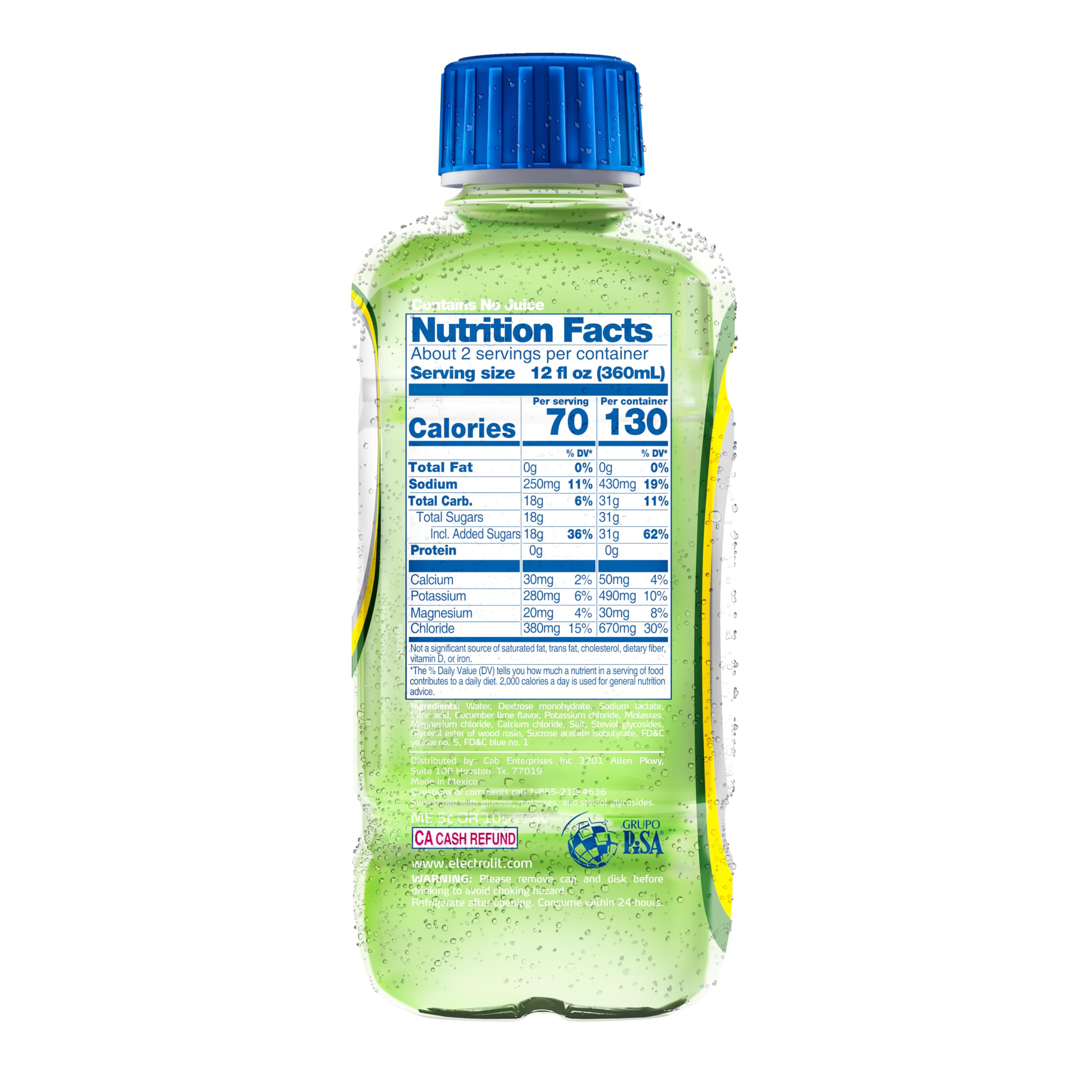 Electrolit cucumber-lime bottle pour, easy to sip during workouts.