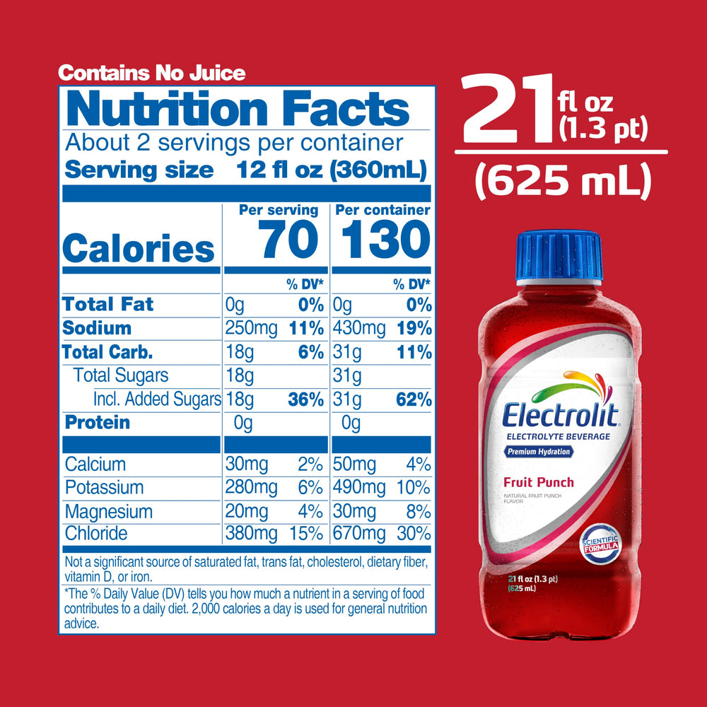 Electrolit Fruit Punch poured into a glass to refresh hydration.