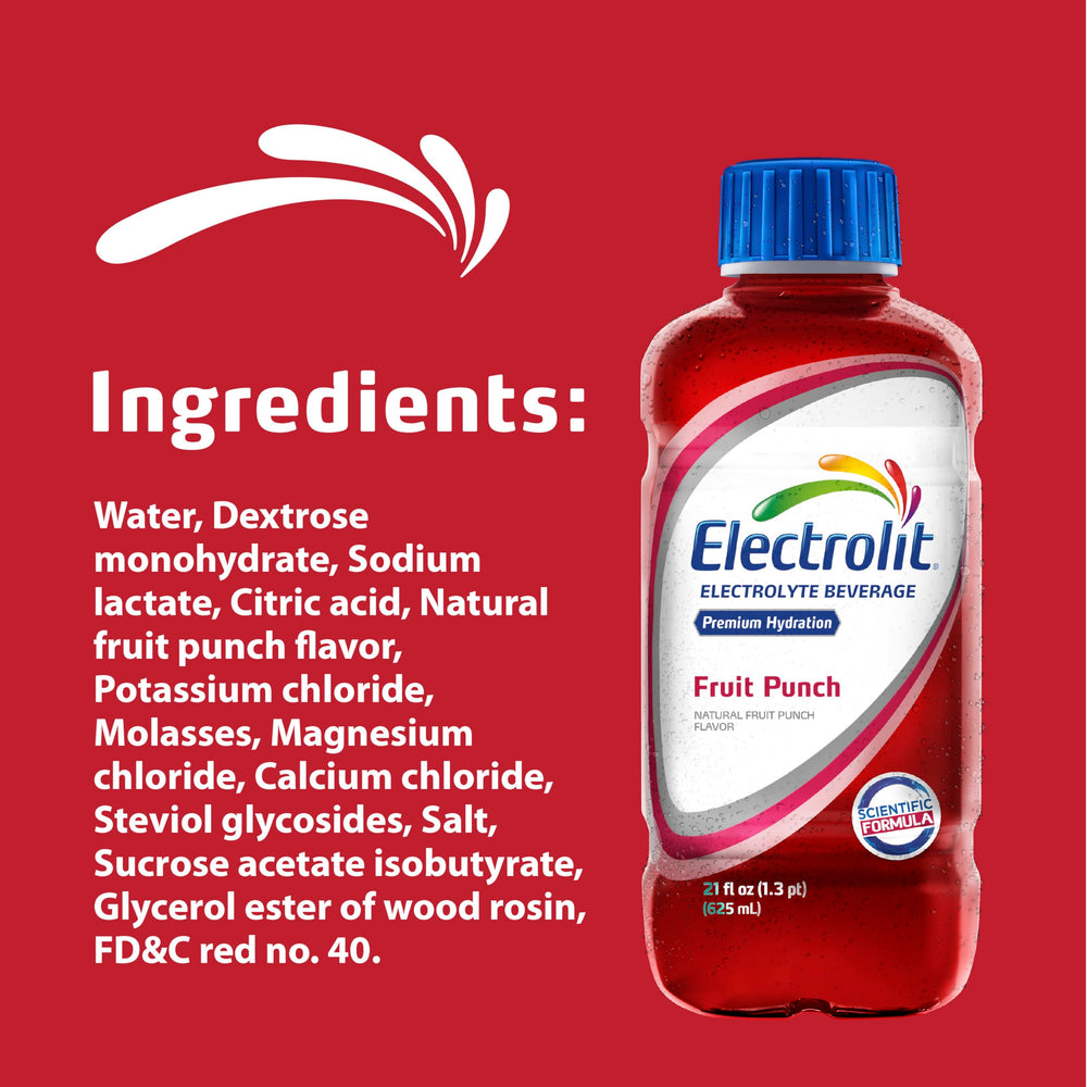 Electrolit Fruit Punch label close-up highlighting glucose sweetener.