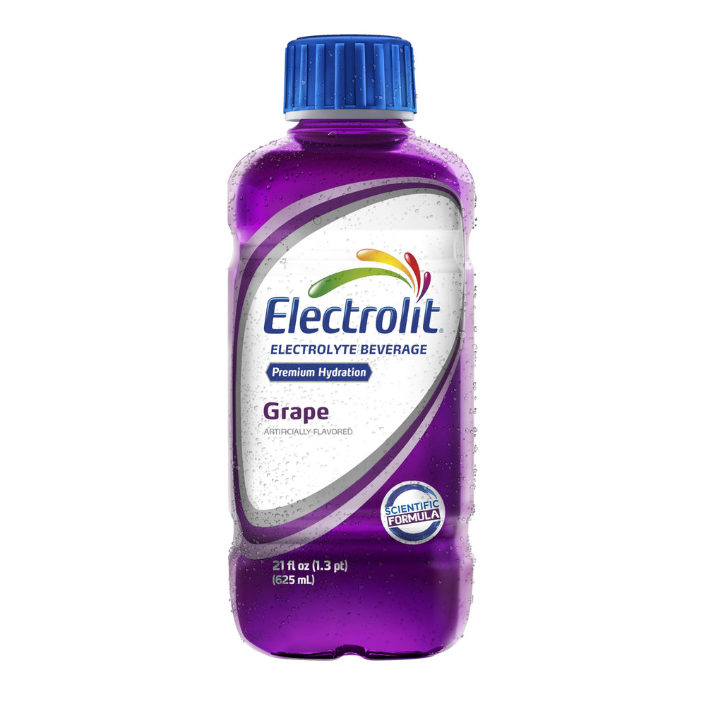 Front view of Electrolit Grape bottle emphasizing packaging and portability