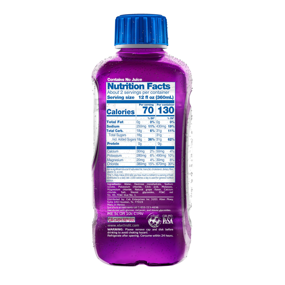 Pour action of Electrolit Grape bottle illustrating instant hydration on demand