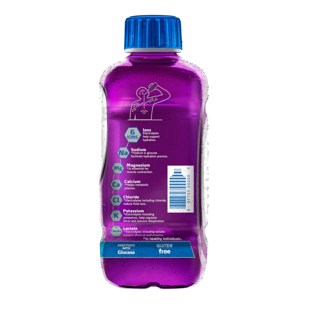 Electrolit Grape label detail showcasing premium ingredients and natural sweetener