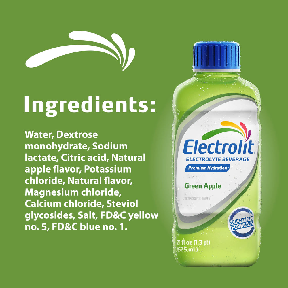 Electrolit Green Apple chilled glass conveys cool, flavorful refreshment.