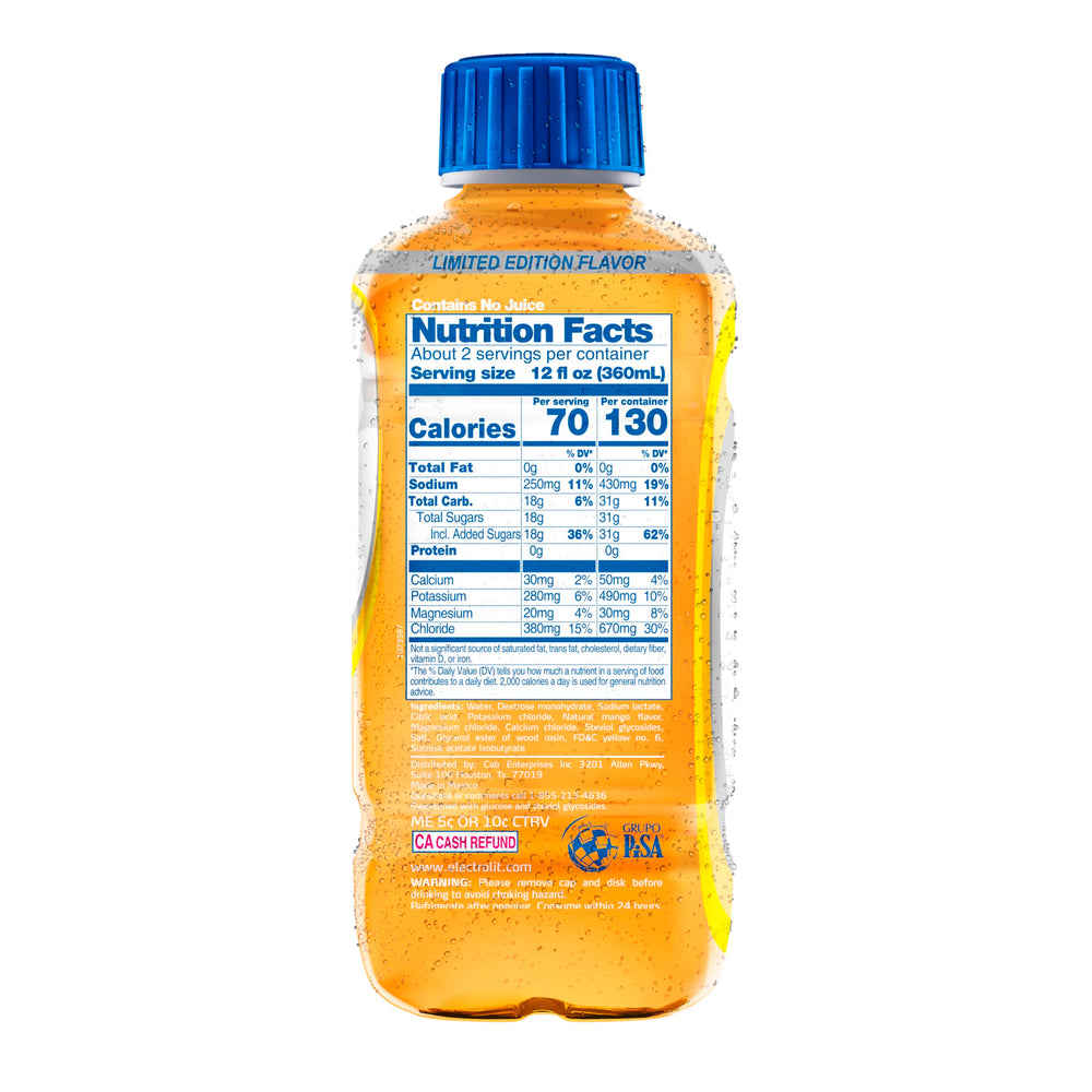 Electrolit Mango bottle back showing resealable cap and lasting energy support.