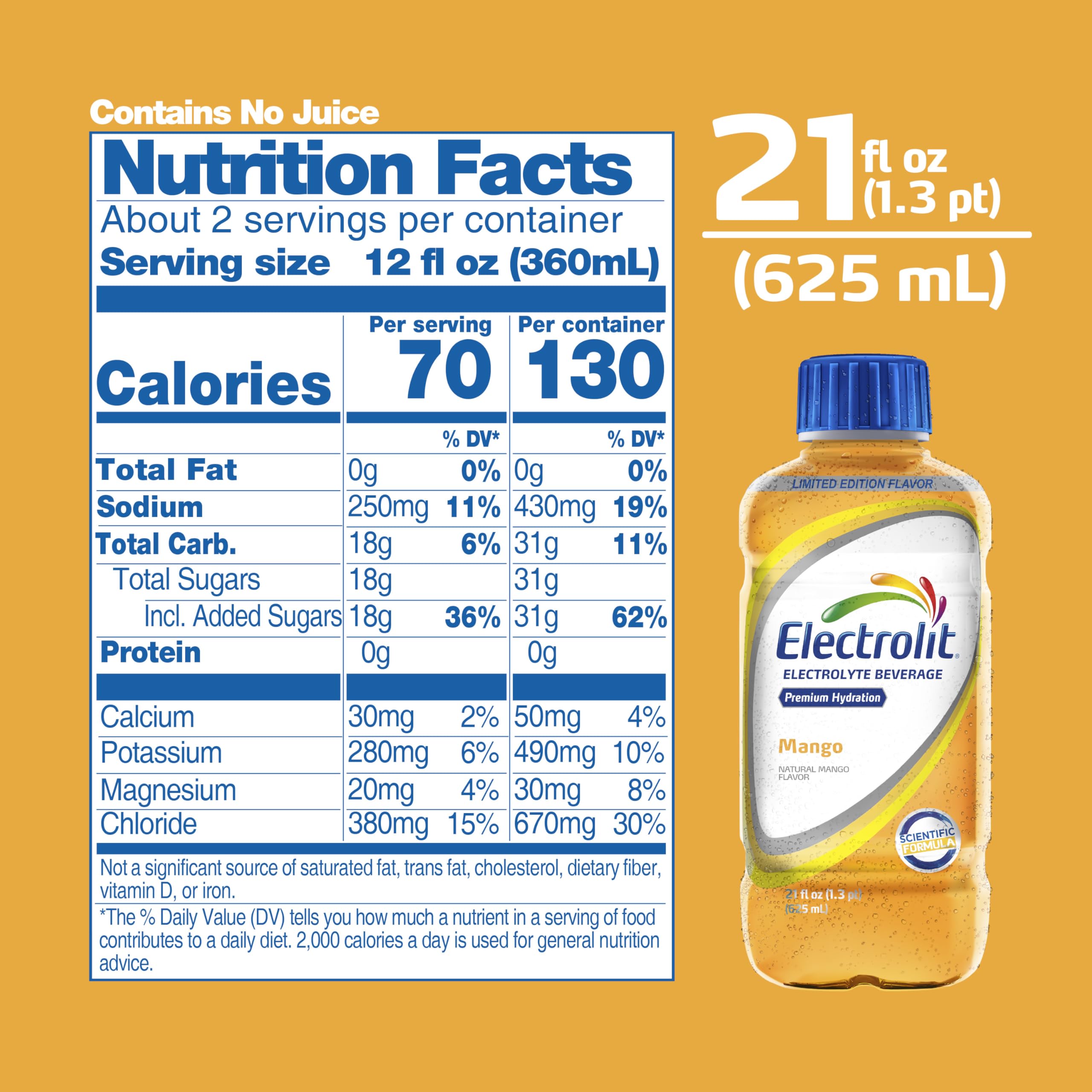 Electrolit Mango bottle label close-up showing electrolyte balance.