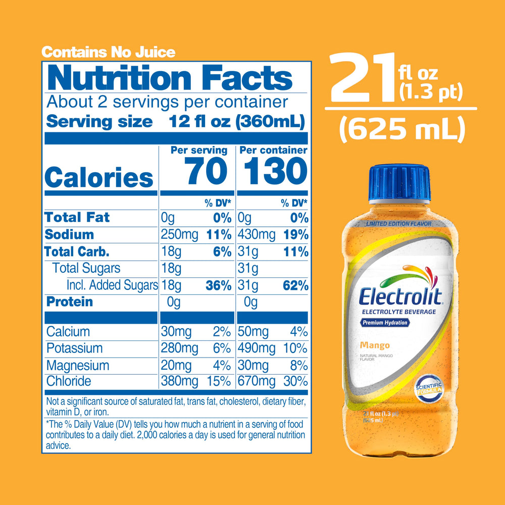 Electrolit Mango bottle label close-up showing electrolyte balance.