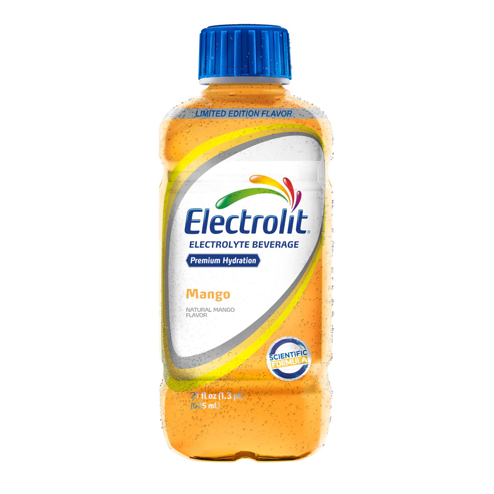 Electrolit Mango served in glass for refreshing after exercise.