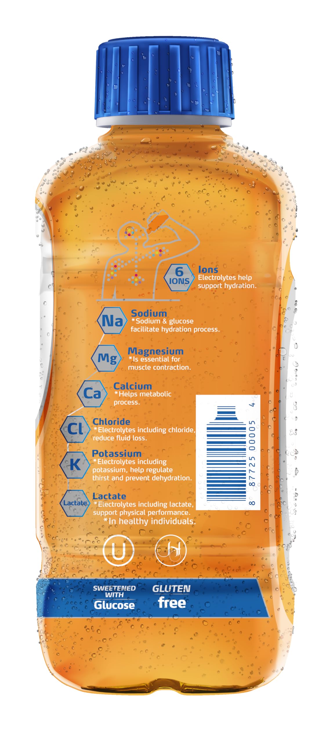 Electrolit orange bottle label close-up highlighting electrolyte balance.