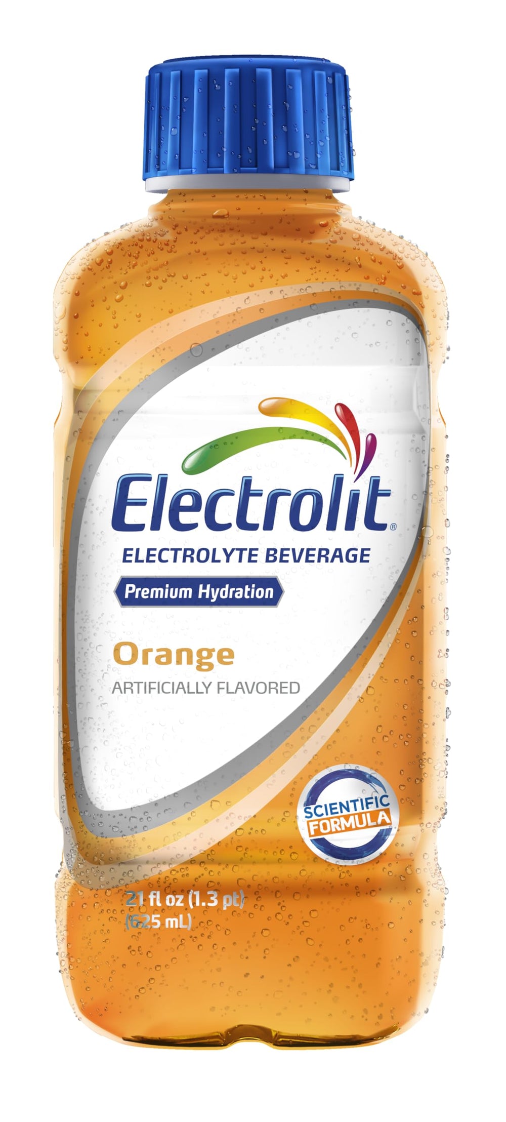 Electrolit orange bottle pours into a glass for quick hydration.