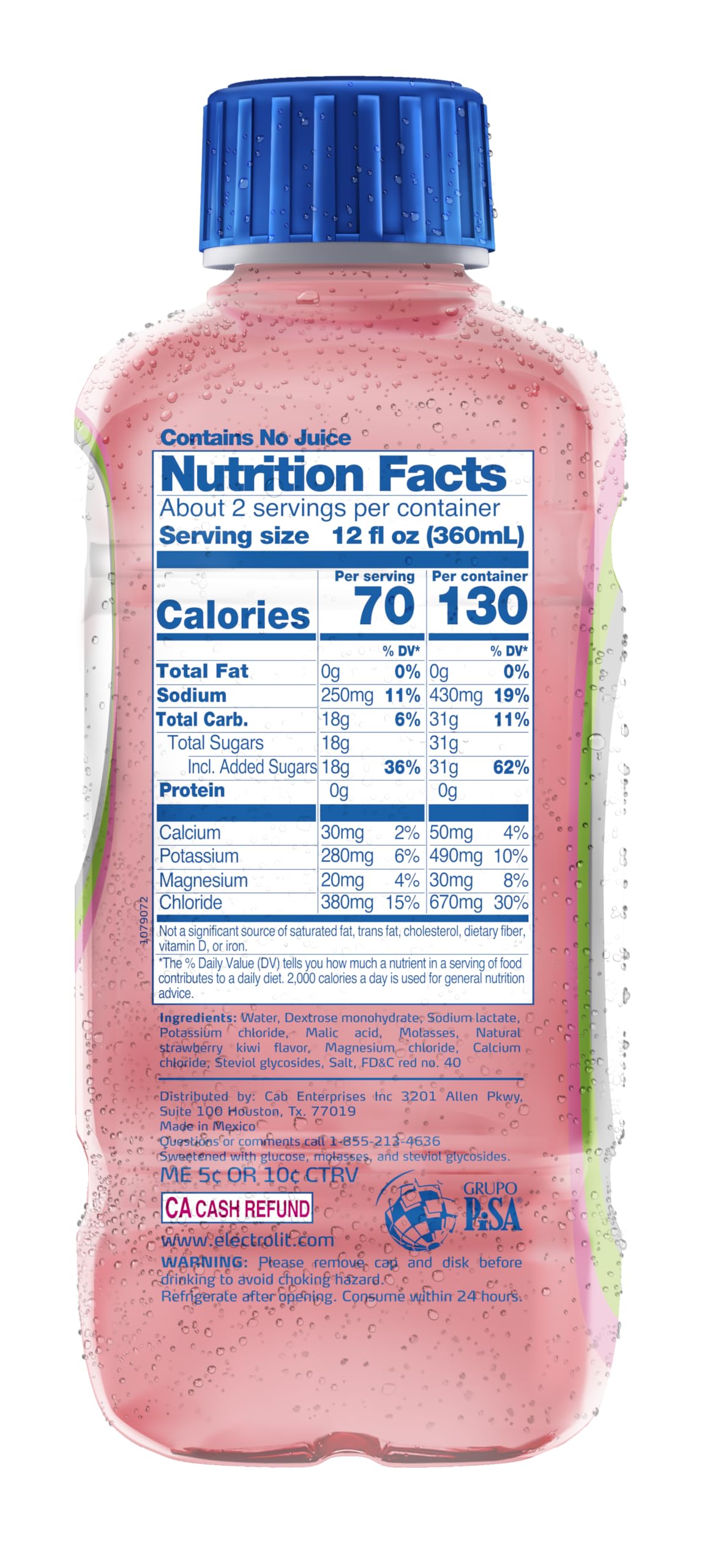 Electrolit Strawberry Kiwi bottle with serving suggestion for post-exercise thirst